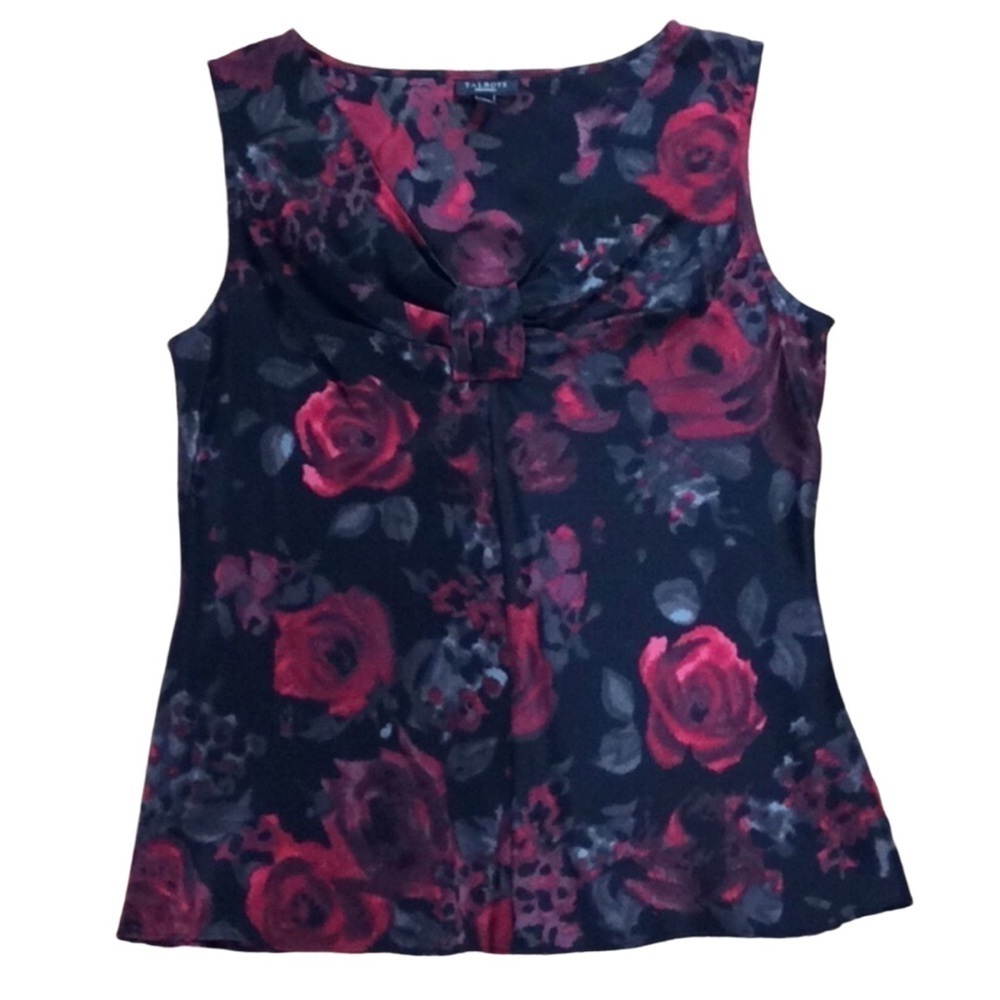 Talbots black and red floral silk sleeveless blouse Size 2